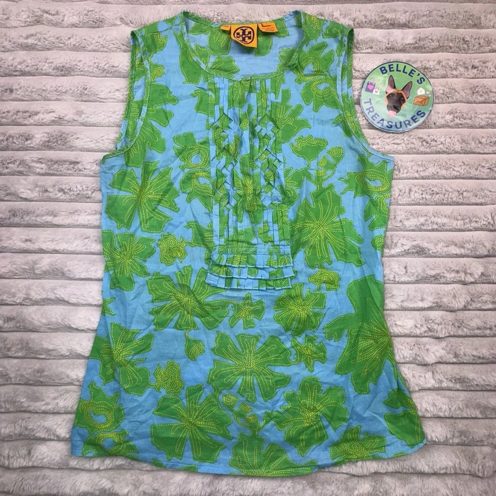 Tory Burch Tank Top Women's 2/XS Bright Green Blue Leaf Ruffled Button Shirt Lux